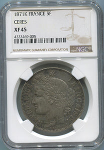 1871 K France 5 Franc Ceres Head, Silver. NGC XF45 Image 1