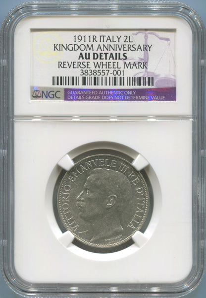 1911R Italy 2 Lire. NGC AU Details. Vittorio Emanuele III. 50th Anniv. Image 1