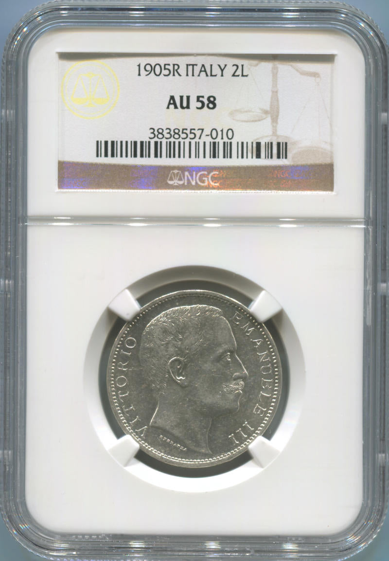 1905 R Italy 2 Lire Silver, RARE DATE. NGC AU58 Image 1