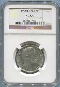 1905 R Italy 2 Lire Silver, RARE DATE. NGC AU58 Image 1