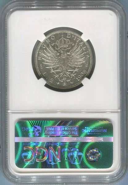 1905 R Italy 2 Lire Silver, RARE DATE. NGC AU58 Image 2