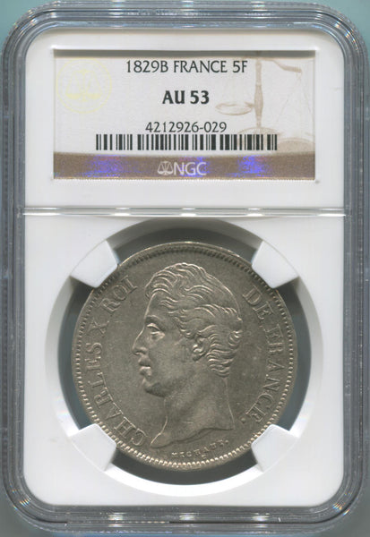 1829 B France Silver 5 Franc. NGC AU53 Image 1