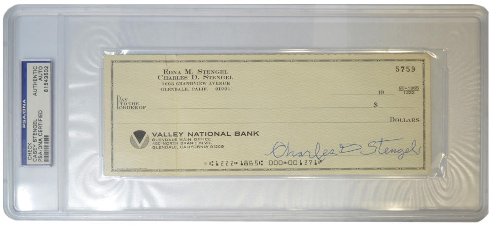 Casey Stengel Signed Check. PSA/DNA Image 1