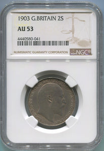 1903 Great Britain Silver 2 Shilling. 1 Florin. NGC AU53 Image 1