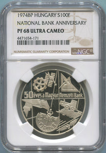 1974 BP Hungary Silver 100 Florint. Bank Anniversary. NGC PF68 Ultra Cameo Image 1