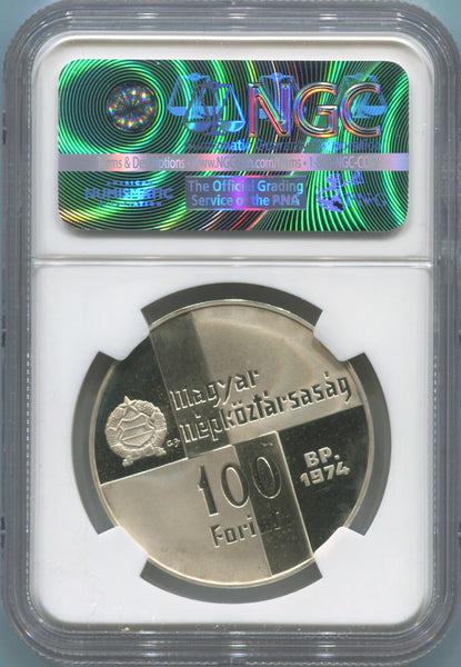 1974 BP Hungary Silver 100 Florint. Bank Anniversary. NGC PF68 Ultra Cameo Image 2