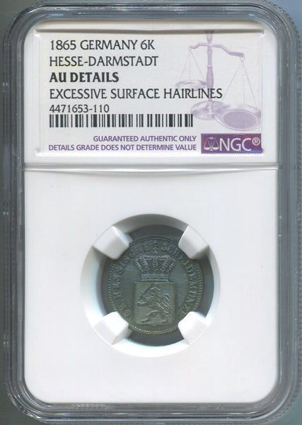 1865 Germany 6 Kreuzer. NGC AU Details. Image 1