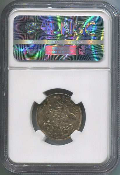 1916 M Australia 1 Shilling Silver. NGC MS62. Gorgeous Toning. Image 2