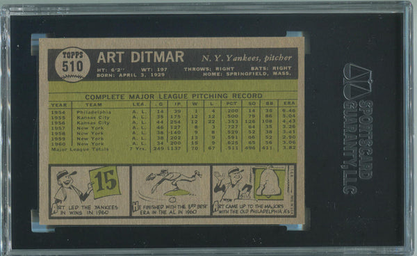 1961 Topps Art Ditmar  #510. SGC 96 Mint 9. New York Yankees Image 2