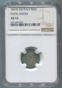 1867 R XXI Italy 5 Soldi. Papal States. NGC AU 53.  Image 1