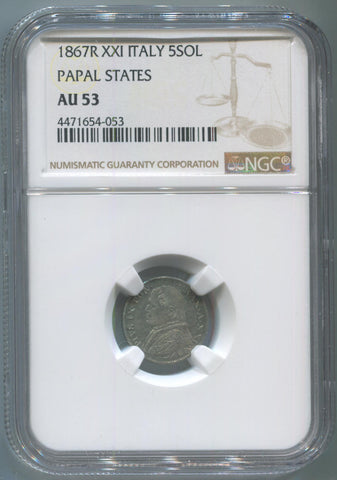 1867 R XXI Italy 5 Soldi. Papal States. NGC AU 53.  Image 1