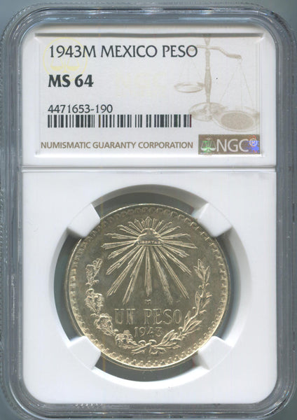 1943 M Mexico Silver Peso. NGC MS 64