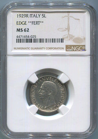 1929 R Italy 5 Lire. Fert Edge. NGC MS62 Image 1