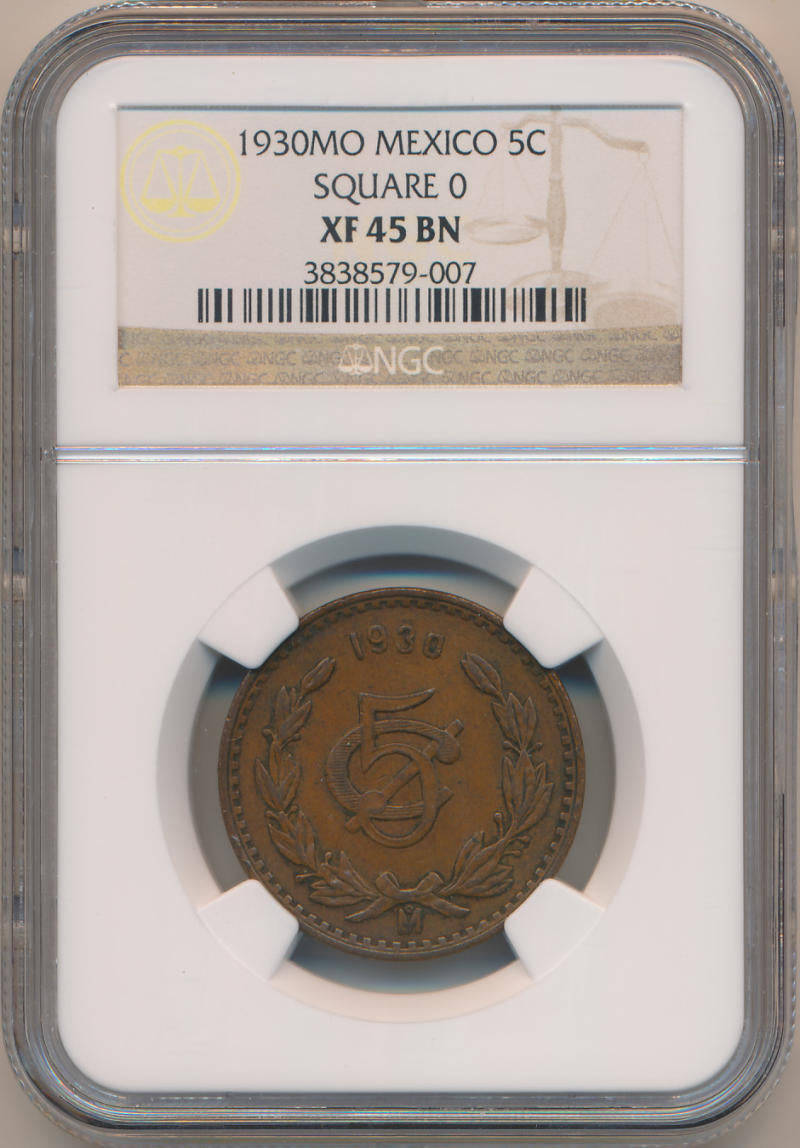 1930 MO Mexico 5 Centavos. Square O. NGC XF45 Brown Image 1