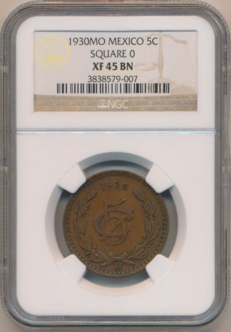 1930 MO Mexico 5 Centavos. Square O. NGC XF45 Brown Image 1