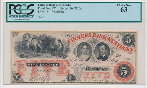 Farmers Bank of Kentucky $5 Remainder Note. Obsolete. Frankfort, KY. PCGS 63