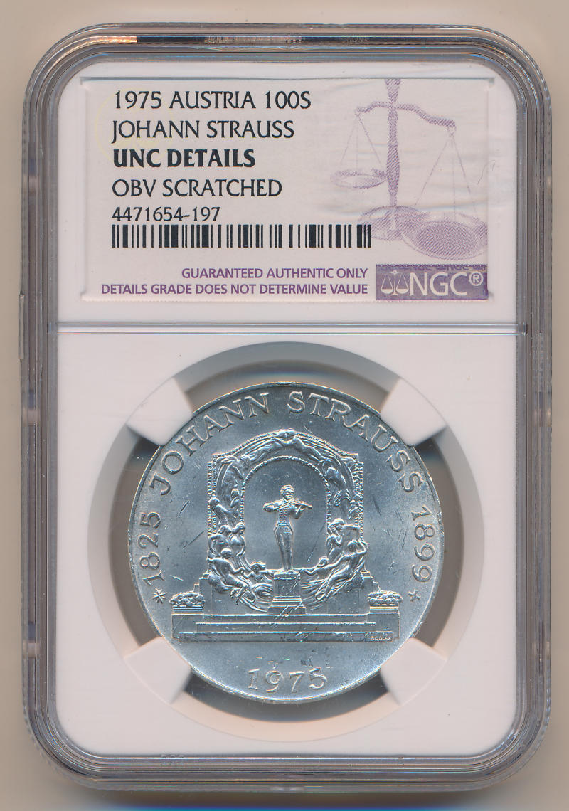 1975 Austria 100 Schilling Silver. NGC Unc Details Image 1