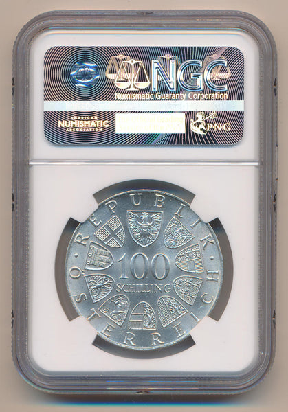 1975 Austria 100 Schilling Silver. NGC Unc Details Image 2