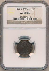 1866 Great Britain Farthing, 1/4 Penny, NGC AU50 Brown Image 1