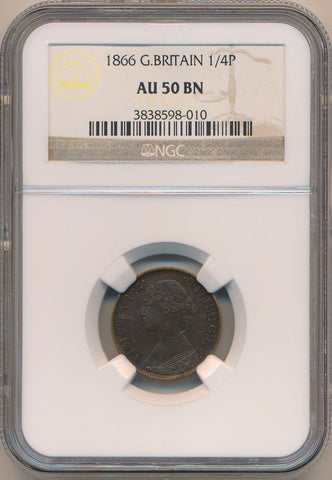 1866 Great Britain Farthing, 1/4 Penny, NGC AU50 Brown Image 1