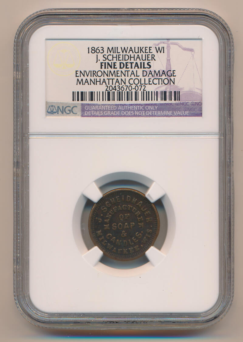 1863 Milwaukee Wi J Scheidhauer Token. NGC Fine Details Image 1