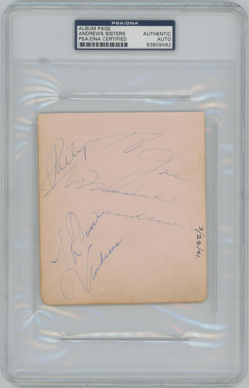 Rare Vintage Laverne, Patty, Maxene Andrews Sisters Signed Autograph Album Page. PSA Image 1