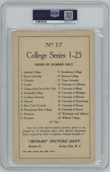 1910-11 ILLINOIS #17 T6 Murad Tobacco Premium Large College Series Type 1 PSA  Image 2