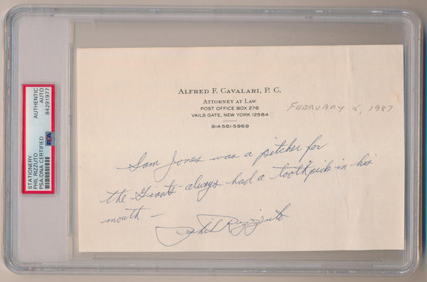 Phil Rizzuto Hand Written Letter regarding Sam Jones. Unique. PSA Image 1