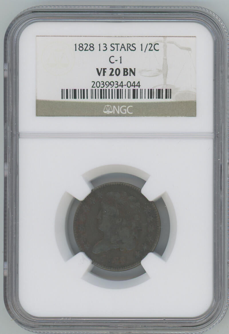 1828 Classic Head Half Cent, C-1 13 Stars. NGC VF20 Image 1