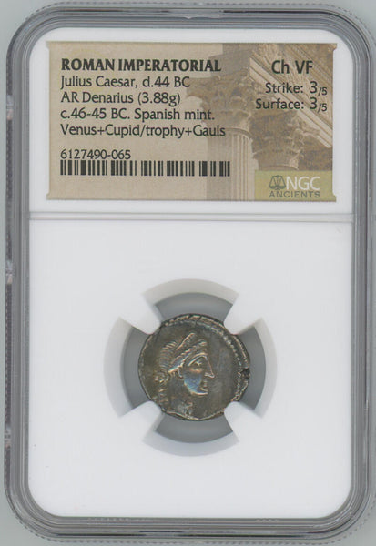 Roman Imperatorial AR Denarius. Julius Caesar. Venus + Cupid/Trophy + Gauls. NGC Choice VF Image 1