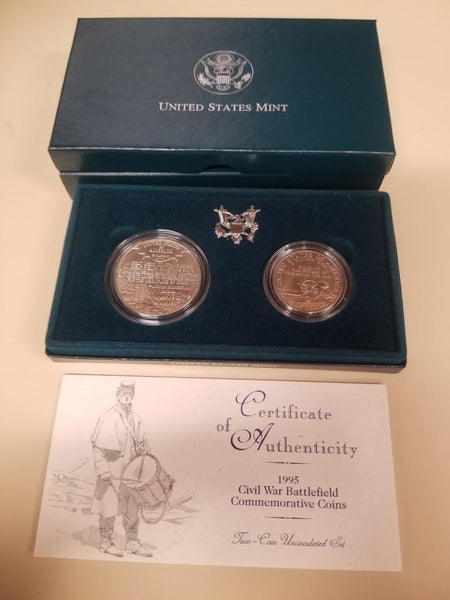 1995 Civil War Battlefield 2 Coin Set. Unc. BOX + COA Image 2