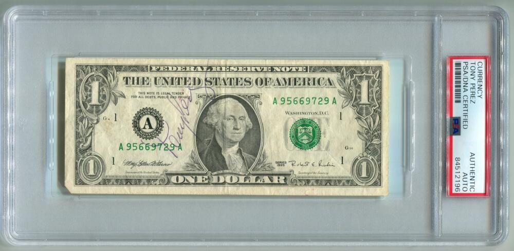 Tony Perez Signed $1 Dollar Bill Autograph. Auto PSA Image 1