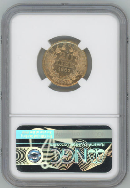 1867 R XXII Italy Gold 20 Lire. Papal States. NGC AU58 Image 2