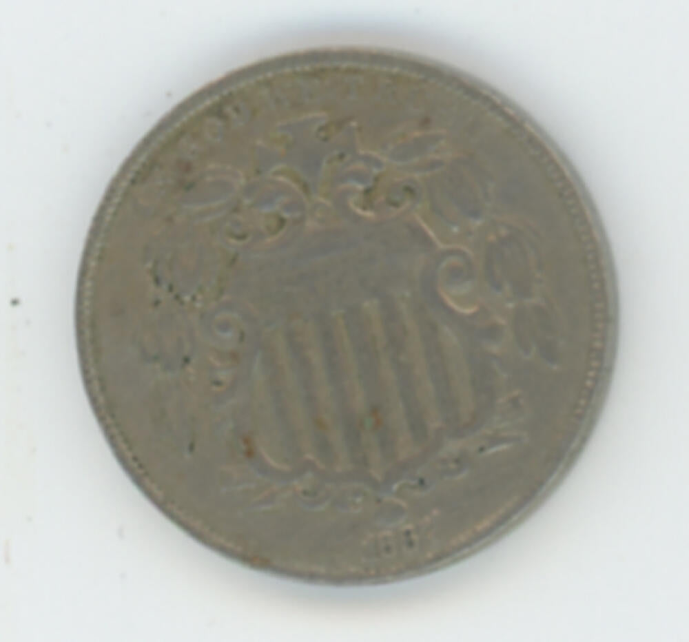 1867 Shield Nickel. Repunched Date. RAW Image 1