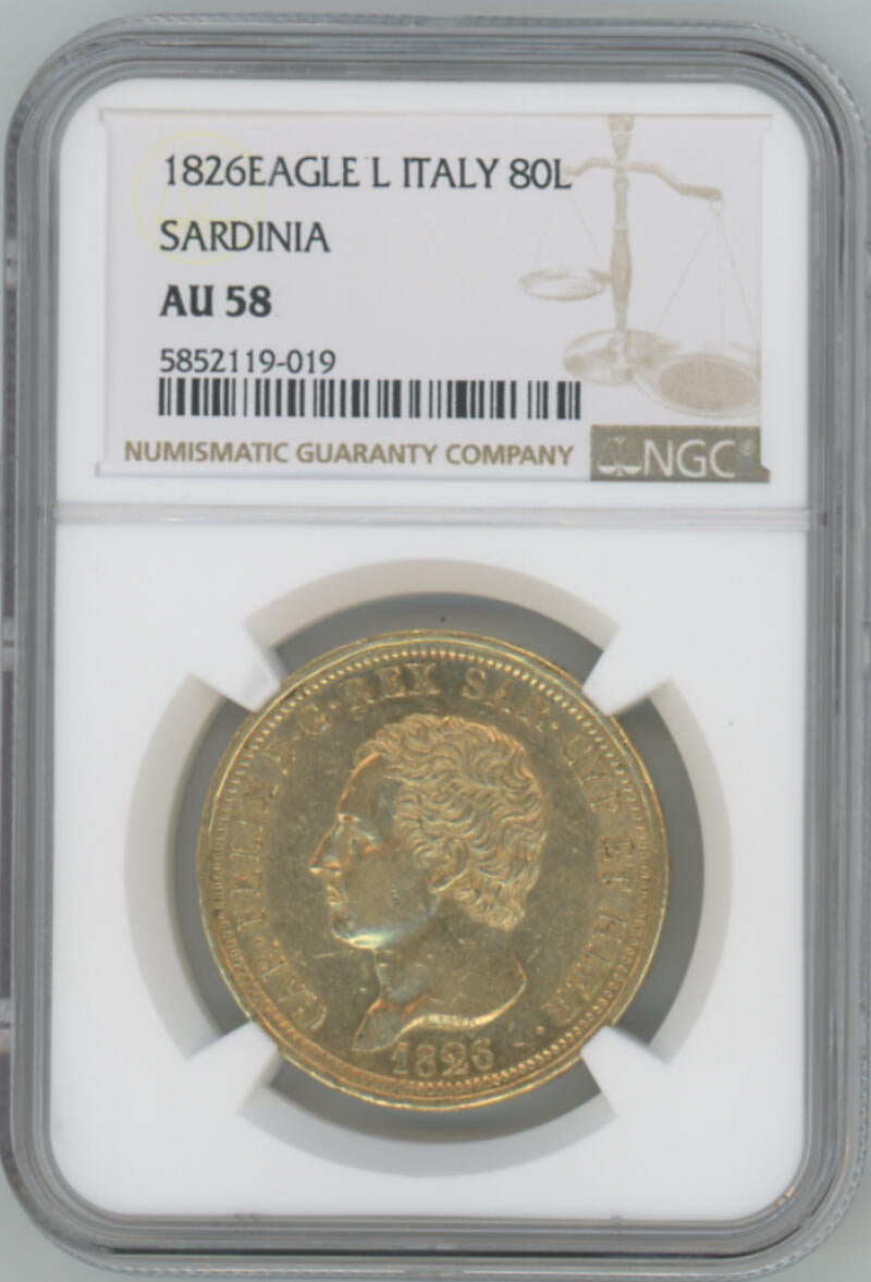 1826 Eagle L Italy 80 Lire. Sardinia. NGC AU58 Image 1