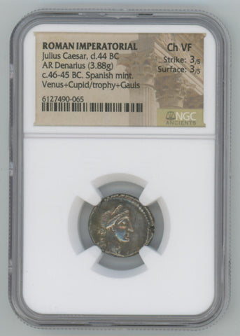 Roman Imperatorial. Julius Caeser, D.44 BC AR Denarius. Spanish Mint. NGC Choice VF Image 1