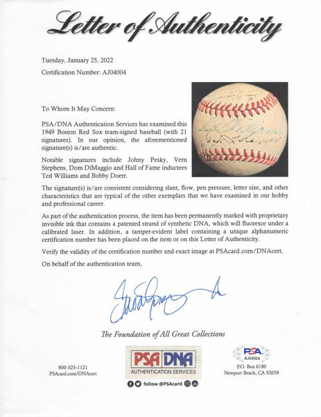 1949 Boston Red Sox Team Signed Baseball, 21 Signatures. PSA Image 7