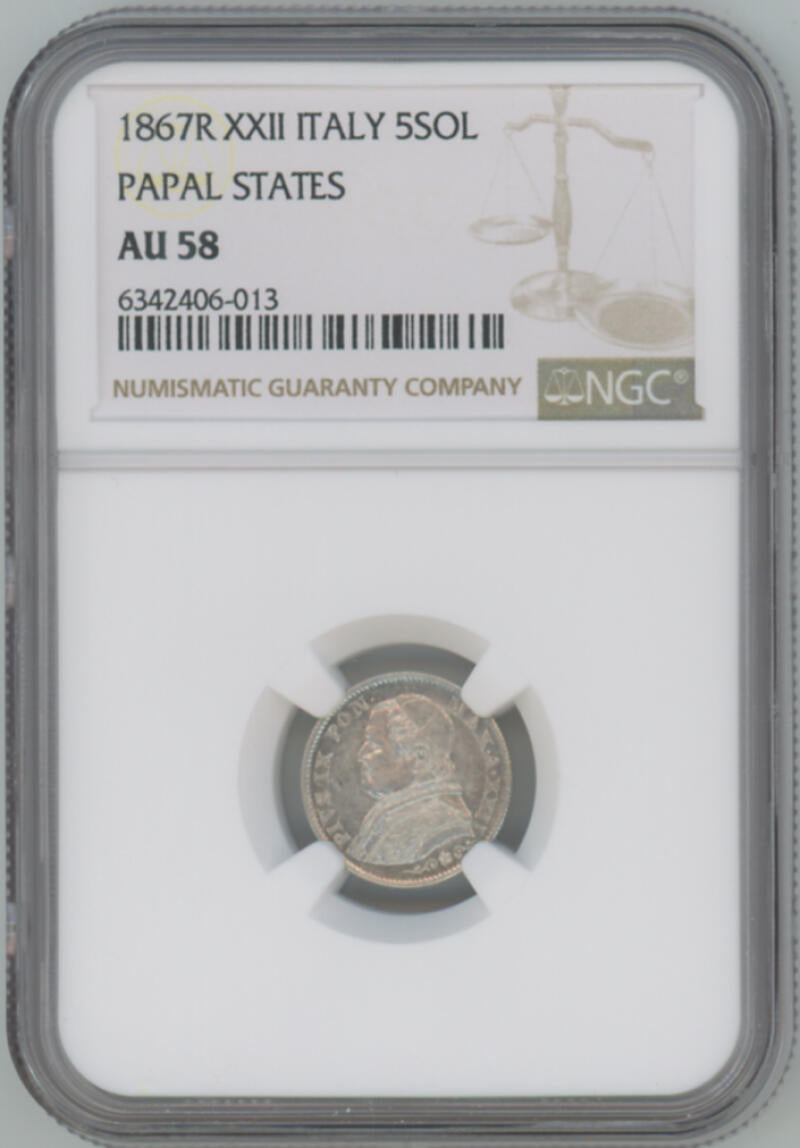 1867 R Italy 5 Soldi. Papal States. NGC AU58 Image 1