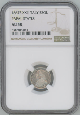 1867 R Italy 5 Soldi. Papal States. NGC AU58 Image 1