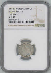 1868 R XXIII Italy 10 Soldi. Papal States. PIVS.IX.P NGC AU58 Image 1