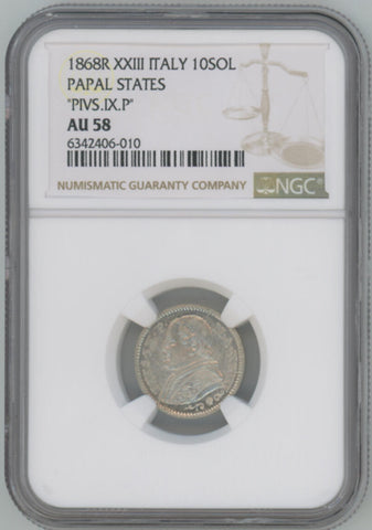 1868 R XXIII Italy 10 Soldi. Papal States. PIVS.IX.P NGC AU58 Image 1