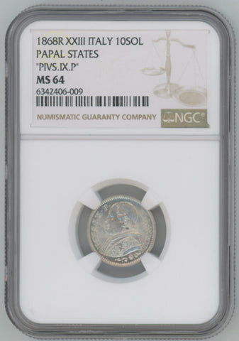 1868 R XXIII Italy 10 Soldi. Papal States. PIVS.IX.P NGC MS64 Image 1