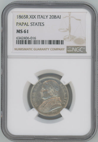 1865 R XIX Italy 20 Bai. Papal States. NGC MS61 Image 1