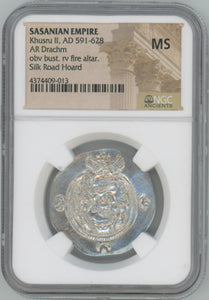 Sasanian Empire. Khusru II. AD 591-628. AR Drachm. NGC MS Image 1