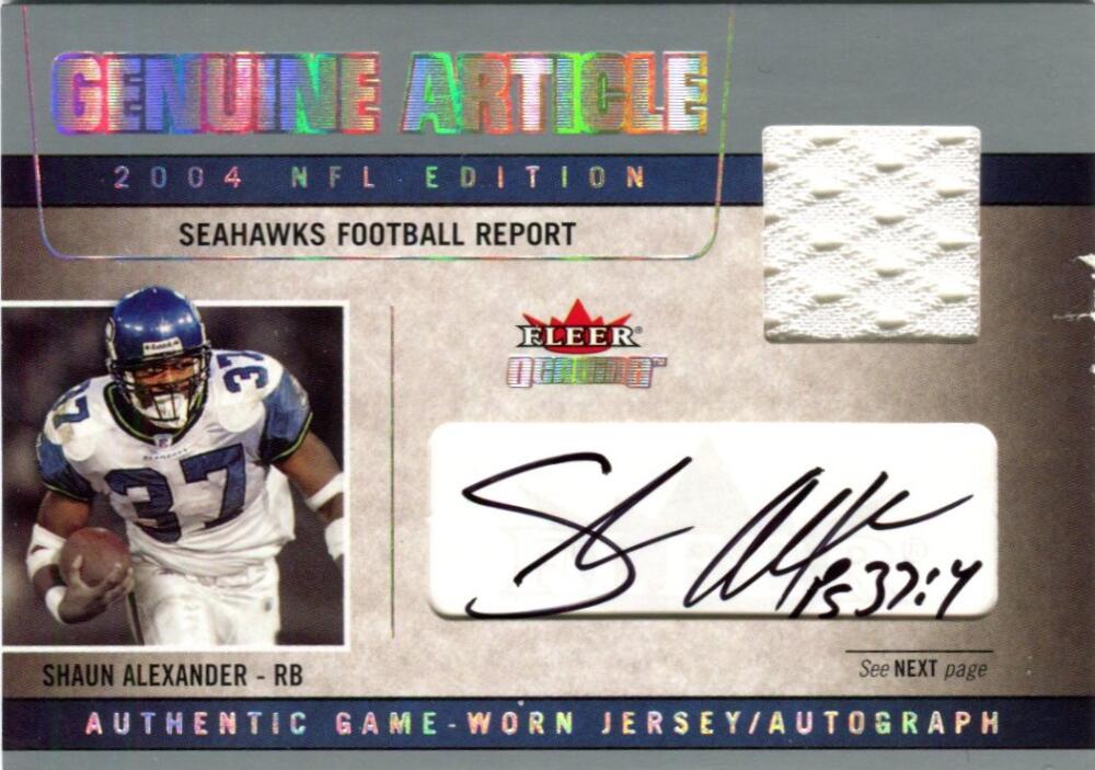 2004 Fleer Genuine Shaun Alexander Relic /100 Card. Auto Image 1