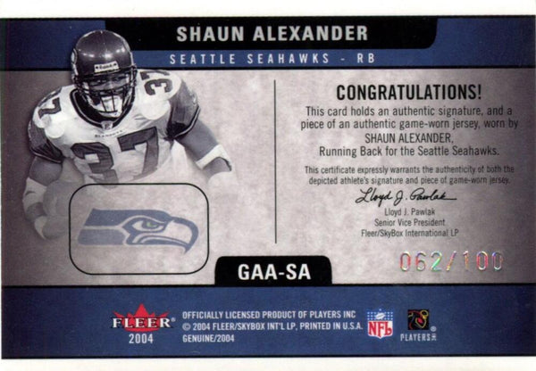 2004 Fleer Genuine Shaun Alexander Relic /100 Card. Auto Image 2