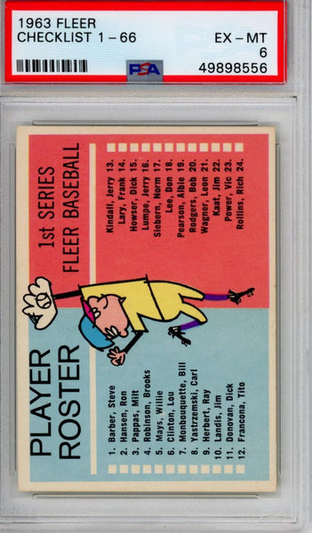 1963 Fleer Checklist 1 - 66. PSA Certified.  EX - MT 6 Image 1