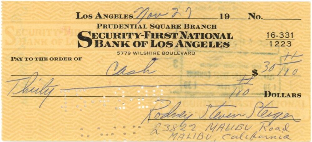 Rod Steiger Signed Check. JSA Image 1