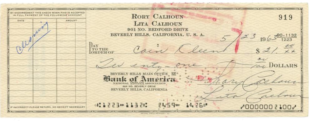 Rory Calhoun Signed Check. PSA/DNA Image 1