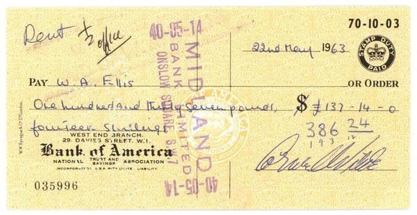 Cornel Wilde Signed Check. Auto JSA Image 1